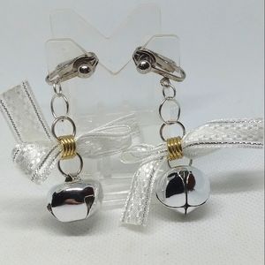 1" Christmas Holiday White Bow Silver Bell Dangle Clip-on Earrings